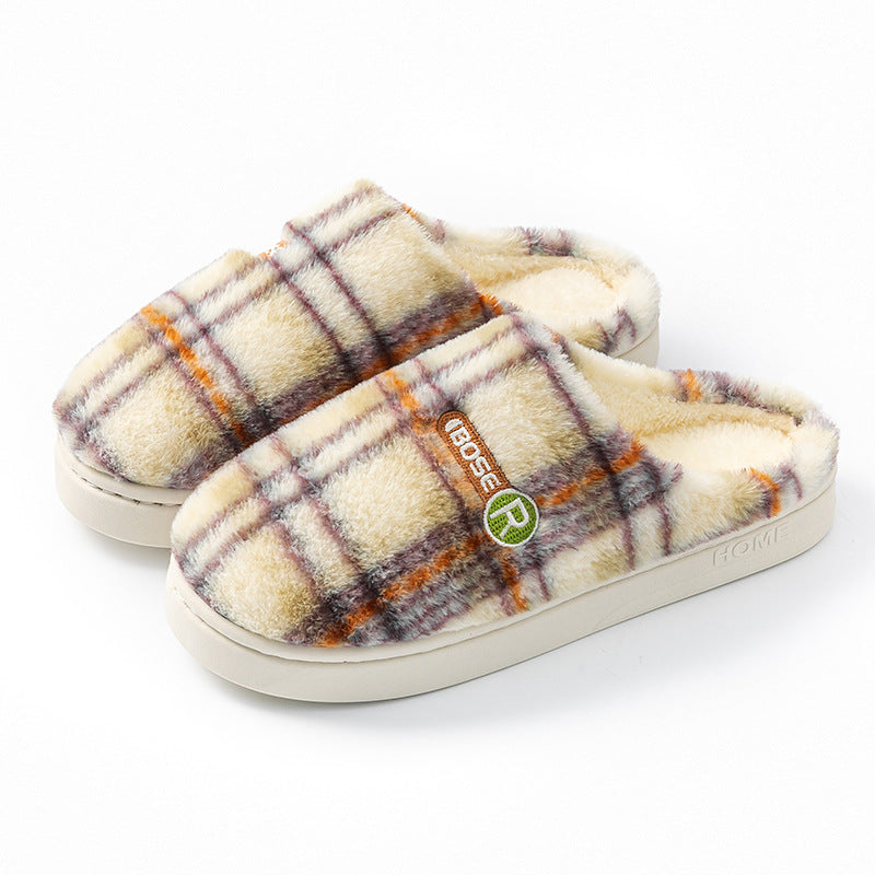 Cozy plush warm plaid cotton slippers with soft lining for comfort at home