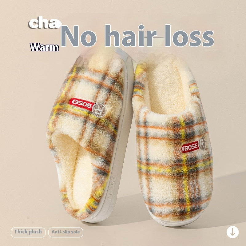 Plush warm plaid cotton slippers featuring a thick plush design and anti-slip sole for cozy comfort