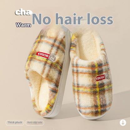 Plush warm plaid cotton slippers featuring a thick plush design and anti-slip sole for cozy comfort