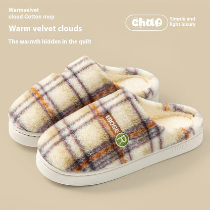 Plush warm plaid cotton slippers featuring soft velvet and a cozy design for ultimate comfort