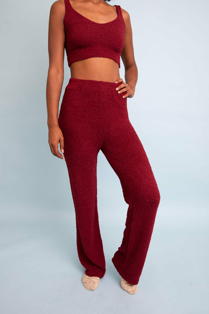 Burgundy boucle lounge pants with a soft texture, perfect for cozy loungewear