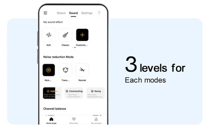 Shophouse Northwest earbuds app showing noise reduction modes and three levels with Bluetooth 5.2 noise cancelling earphone
