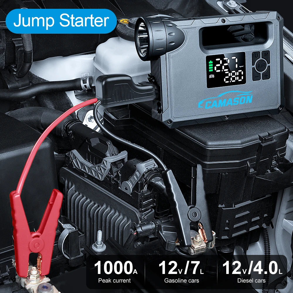 Camasun portable car jump starter with air compressor for 12V gasoline and diesel vehicles