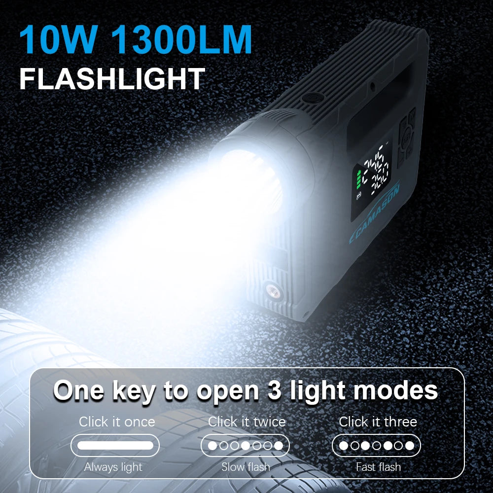 Portable car jump starter with air compressor and bright 10W 1300LM flashlight for emergency situations