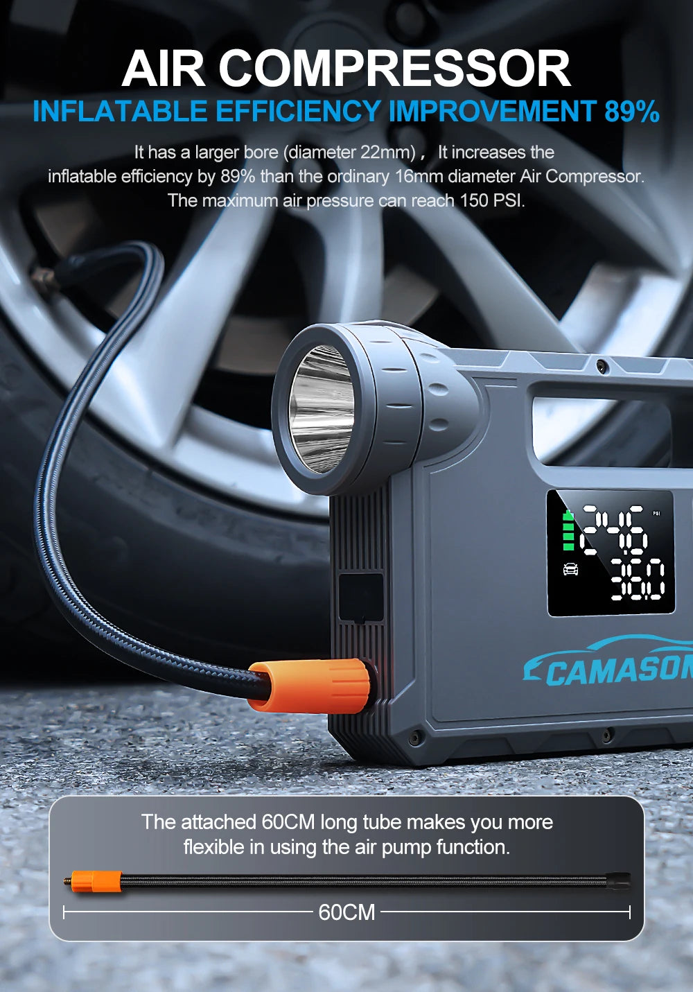 Portable car jump starter with air compressor featuring a large air pump and pressure display