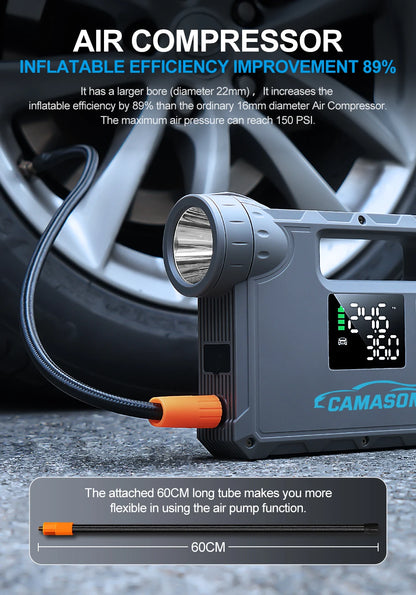 Portable car jump starter with air compressor featuring a large air pump and pressure display