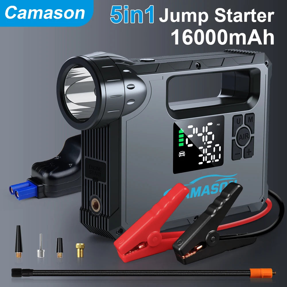 Camasun 5-in-1 portable car jump starter with air compressor and LED light for emergencies