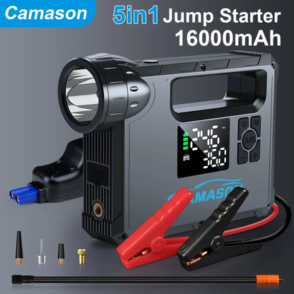 Camasun 5-in-1 portable car jump starter with air compressor and LED light for emergencies
