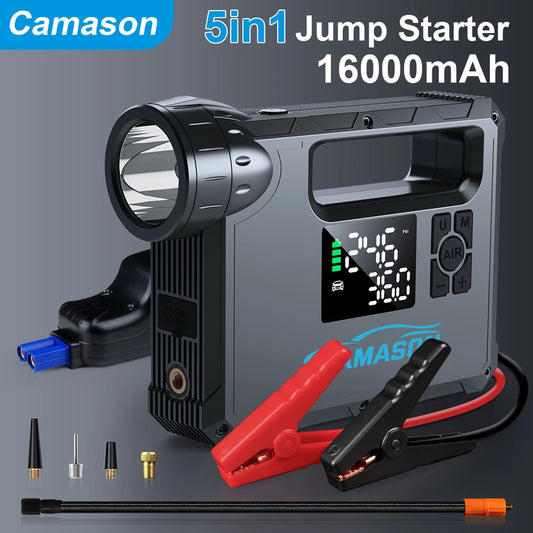 Camasun 5-in-1 portable car jump starter with air compressor and LED light for emergencies