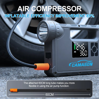 Portable car jump starter with air compressor featuring a built-in LED light and flexible air tube