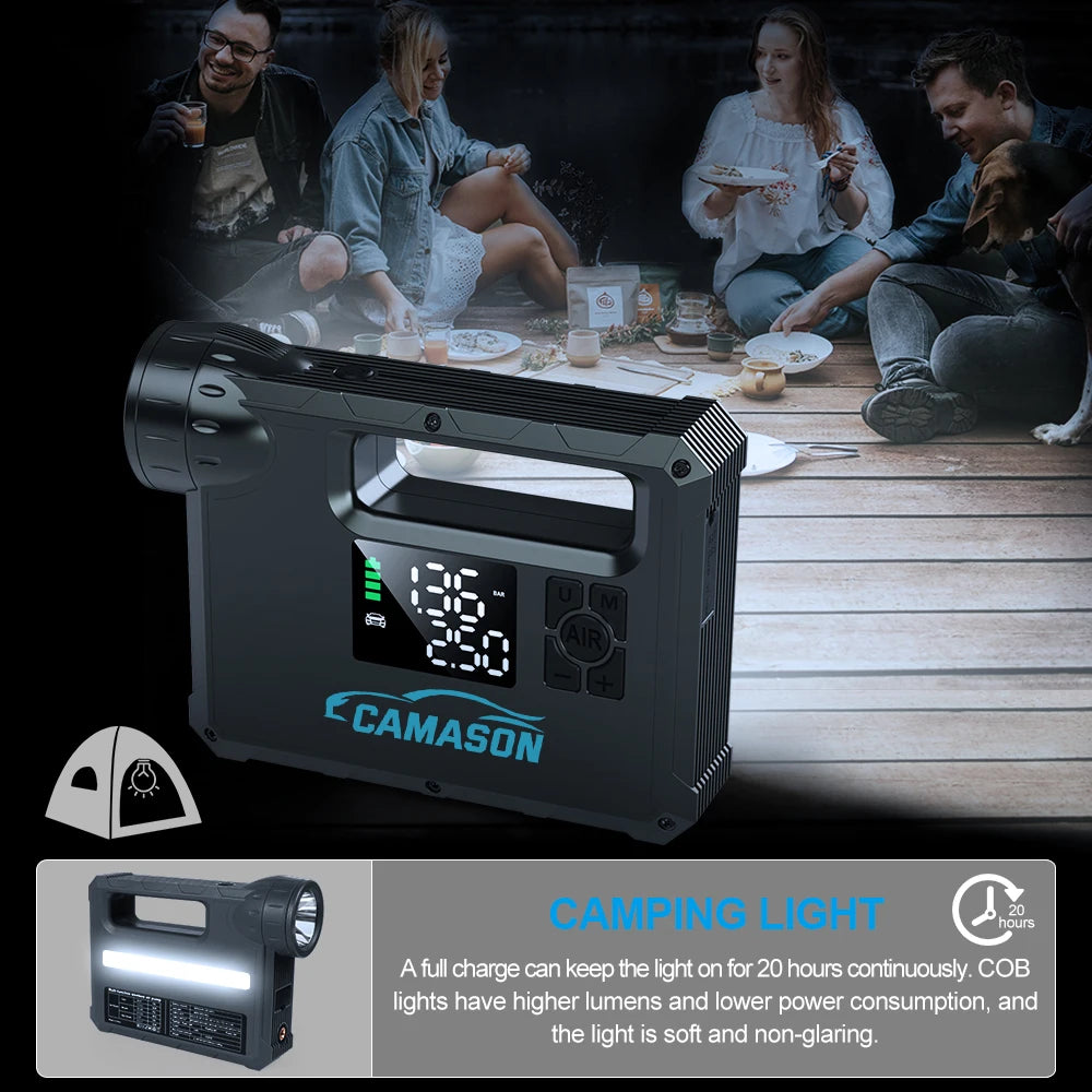 Portable car jump starter with air compressor and camping light for emergency use and outdoor activities