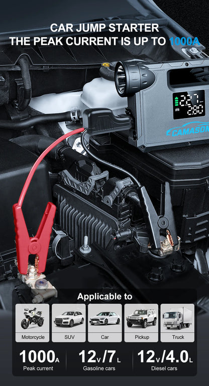Portable car jump starter with air compressor for quick vehicle battery boosts up to 1000A current