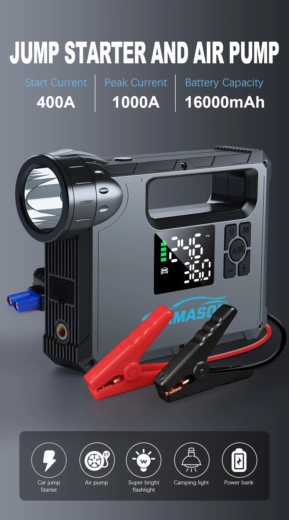 Portable car jump starter with air compressor featuring 400A start current and 1000A peak current