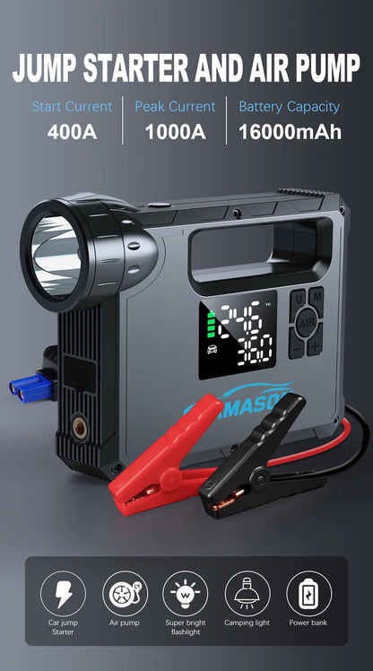Portable car jump starter with air compressor featuring 400A start current and 1000A peak current