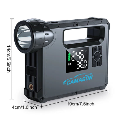 Camasun portable car jump starter with air compressor featuring a digital display and compact design