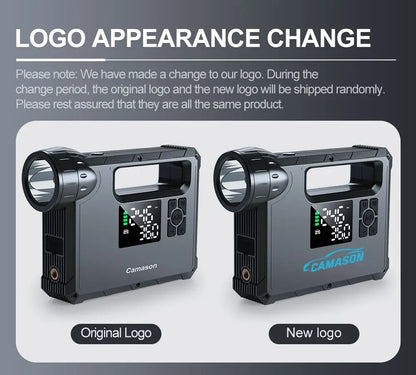 Portable car jump starter with air compressor showcasing original and new logo designs