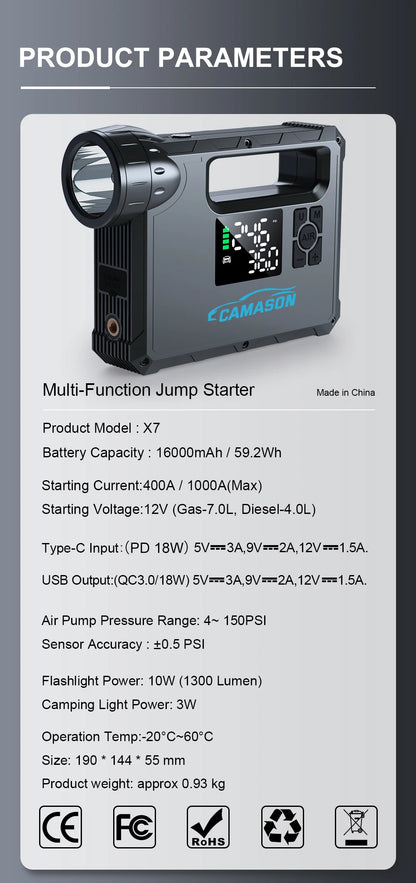 Portable car jump starter with air compressor, featuring USB output and flashlight for emergency use