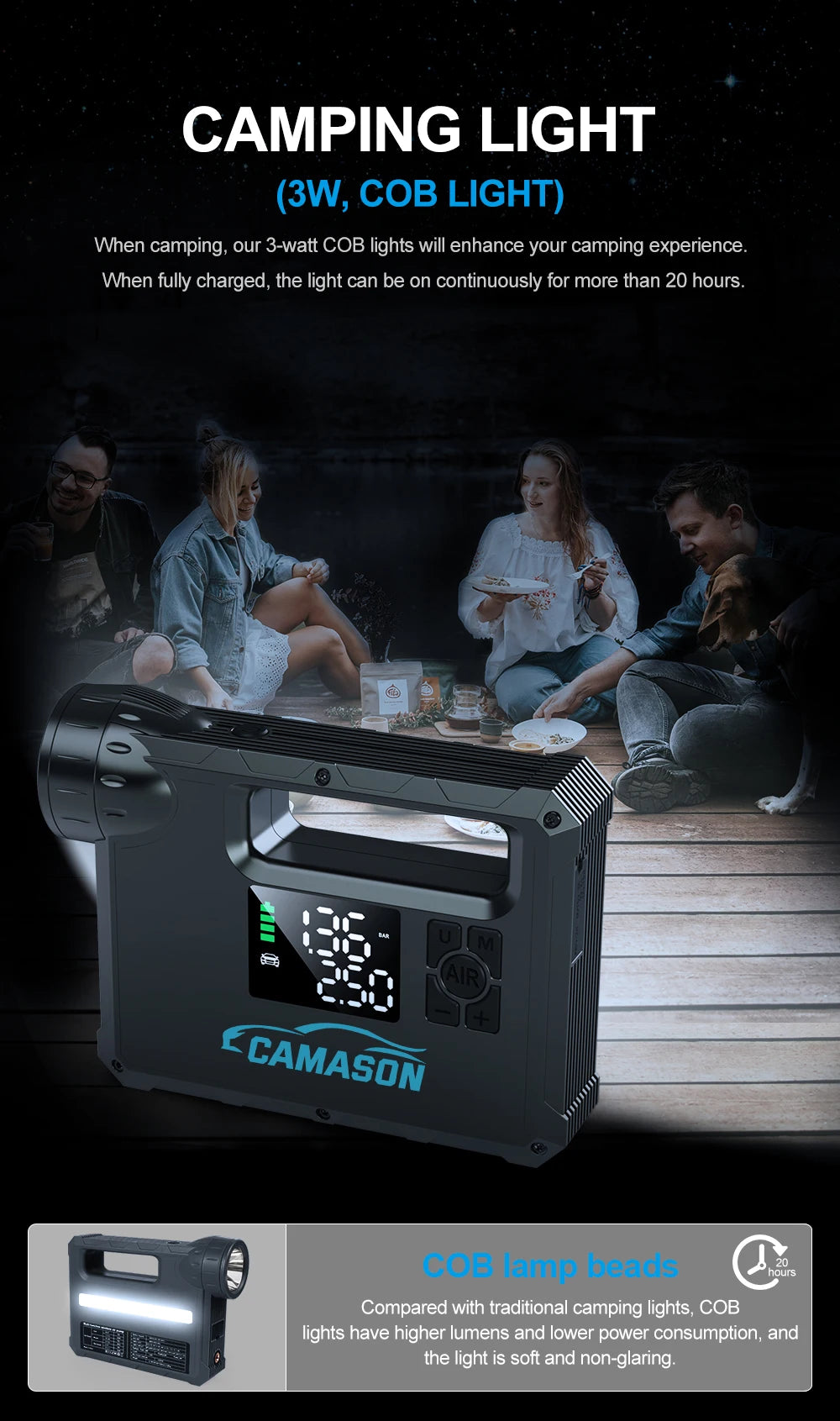 Camasón Portable Car Jump Starter with Air Compressor featuring a digital display and multiple uses indoors and outdoors