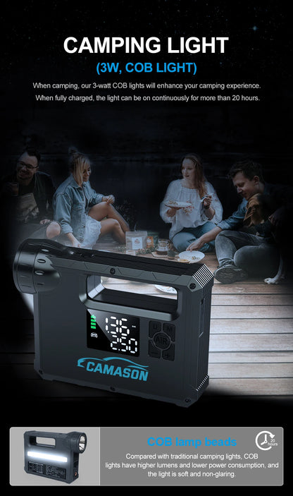 Camasón Portable Car Jump Starter with Air Compressor featuring a digital display and multiple uses indoors and outdoors