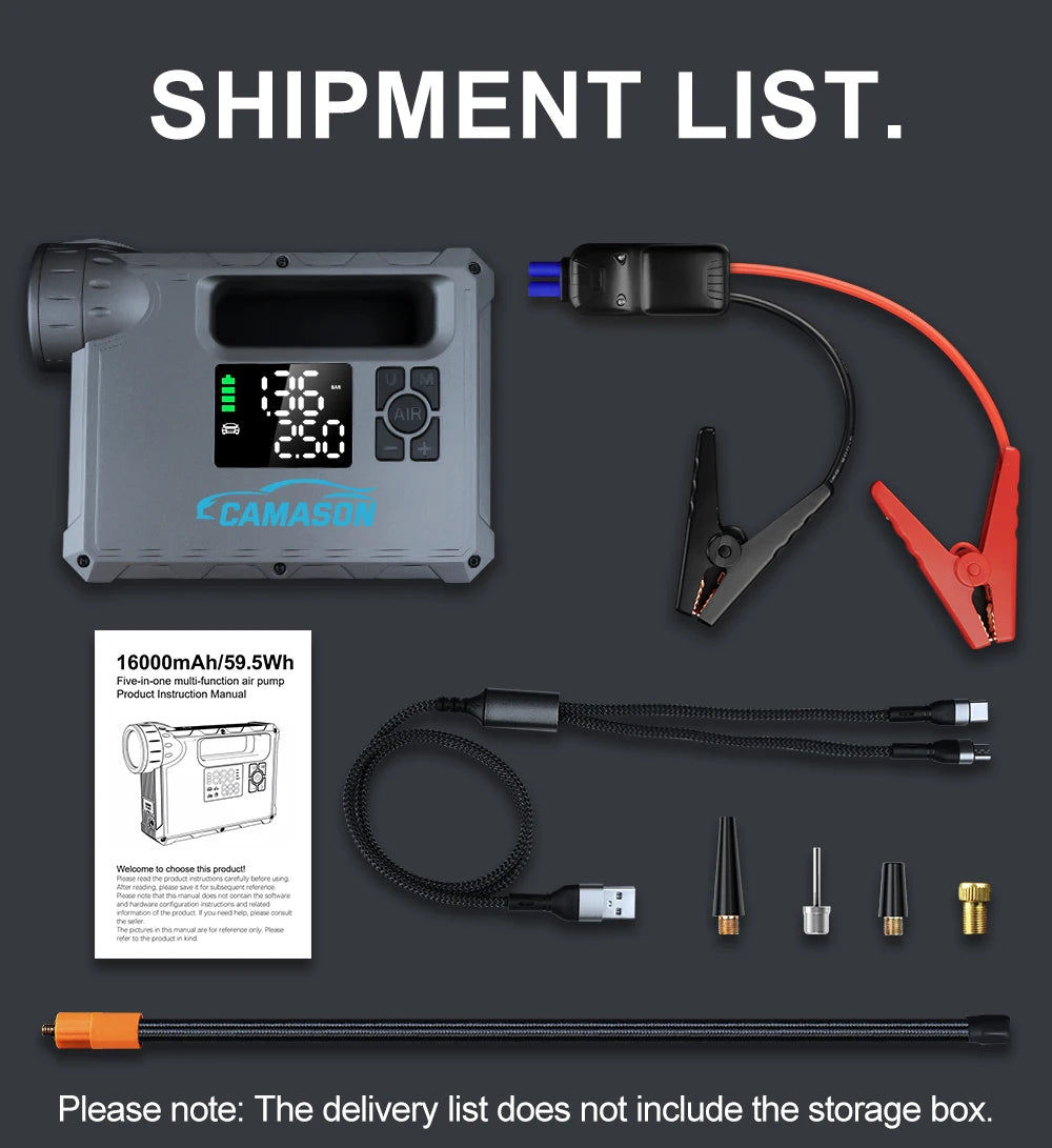 Portable car jump starter with air compressor and included accessories for emergency road use