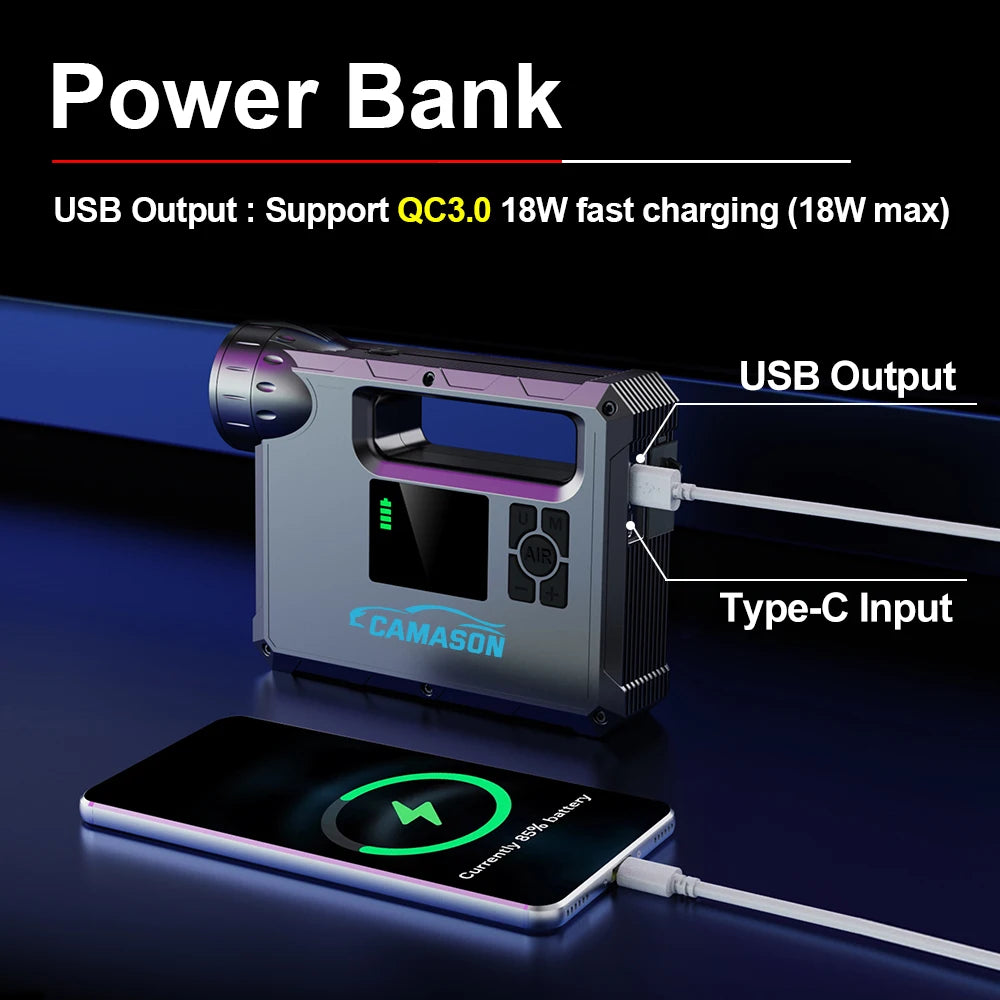 Portable car jump starter with air compressor featuring USB output and fast charging capabilities
