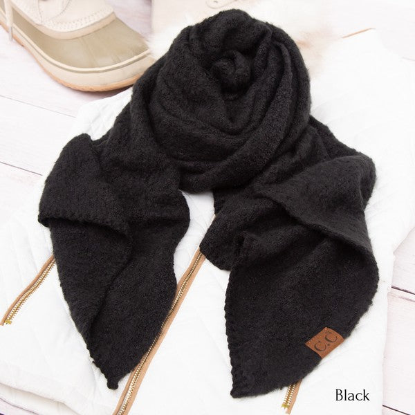 Shophouse Northwest black cc cozy draped oversized scarves for women fuzzy knit scarf on white puffer jacket