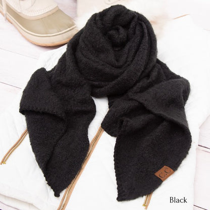 Shophouse Northwest black cc cozy draped oversized scarves for women fuzzy knit scarf on white puffer jacket