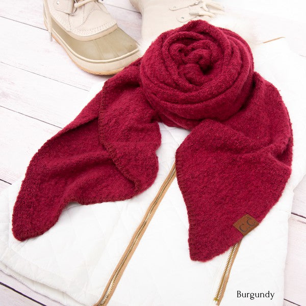 Burgundy plush scarf on jacket and boots cc cozy draped oversized scarves for women Shophouse Northwest