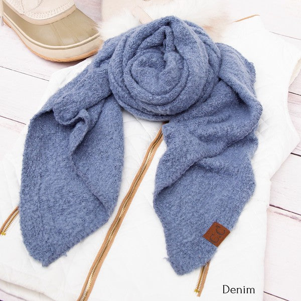 Shophouse Northwest denim blue cc cozy draped oversized scarves for women styled on white puffer vest