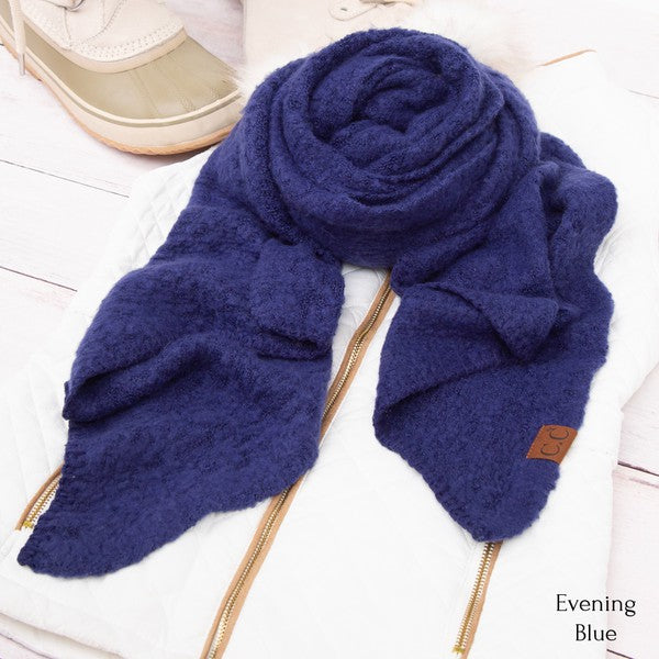 Evening blue fuzzy scarf with CC tag on white quilted jacket cc cozy draped oversized scarves for women