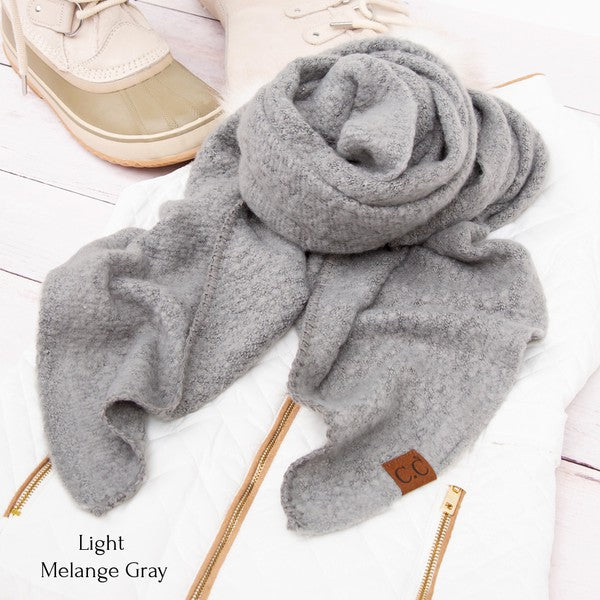 Shophouse Northwest light melange gray scarf with CC leather patch on jacket and boots cc cozy draped oversized scarves for women