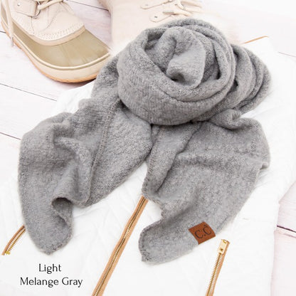 Shophouse Northwest light melange gray scarf with CC leather patch on jacket and boots cc cozy draped oversized scarves for women