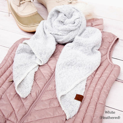 Shophouse Northwest cc cozy draped oversized scarves for women white heathered scarf on pink quilted vest and boots