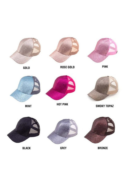 CC glitter messy bun hat in nine colors gold rose gold pink mint hot pink smoky topaz black grey bronze