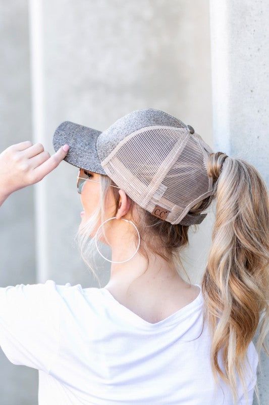 Shophouse Northwest CC glitter messy bun hat in taupe glitter with mesh back and ponytail slot