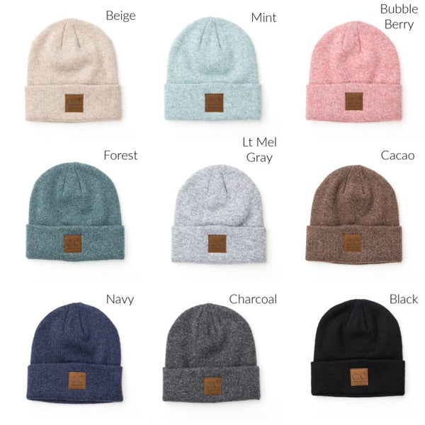 CC heathered boyfriend beanie collection by Shophouse Northwest in nine colors with cuff and leather logo patch