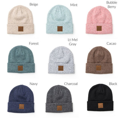 CC heathered boyfriend beanie collection by Shophouse Northwest in nine colors with cuff and leather logo patch