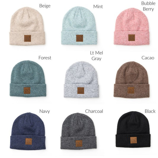 CC heathered boyfriend beanie collection by Shophouse Northwest in nine colors with cuff and leather logo patch