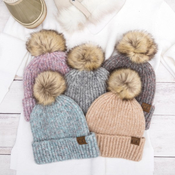 Shophouse Northwest CC marled pom beanie collection of five ribbed knit beanies with faux fur pom