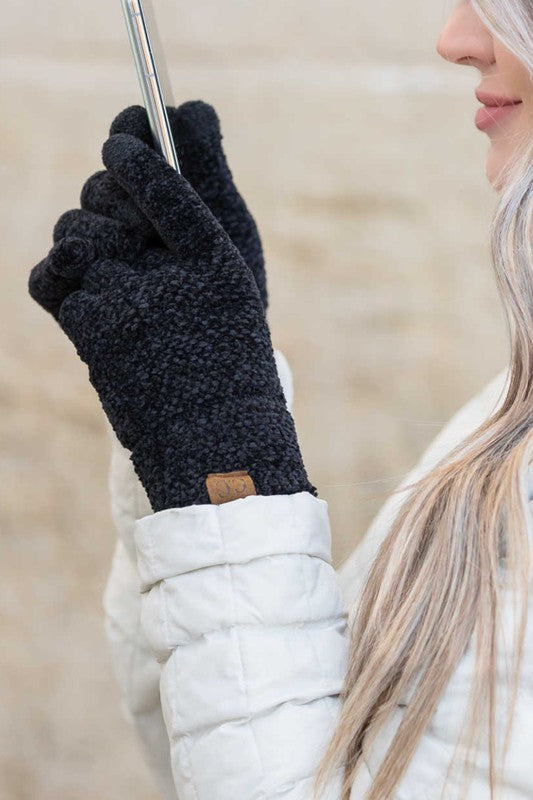 Shophouse Northwest chenille touch screen gloves black fuzzy knit on woman in white jacket using smartphone
