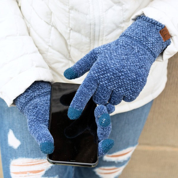 Shophouse Northwest chenille touch screen gloves blue textured knit model tapping smartphone screen