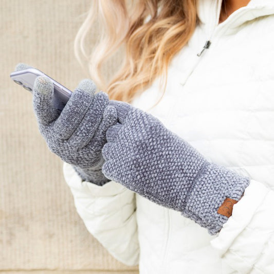 Shophouse Northwest gray chenille touch screen gloves with textured knit and grip tips shown using smartphone