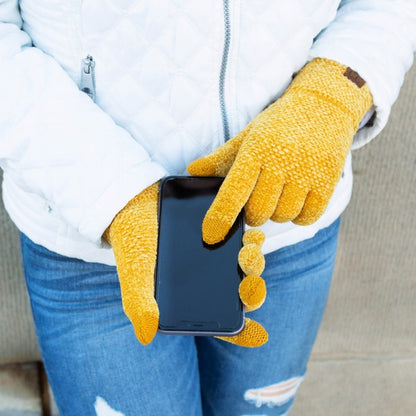 Shophouse Northwest chenille touch screen gloves mustard yellow knit gloves shown using smartphone
