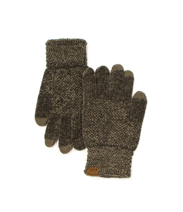 Shophouse Northwest brown chenille touch screen gloves with ribbed cuffs and leather logo patch