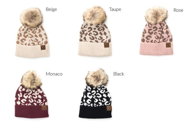 Shophouse Northwest leopard fur knit pom beanie . Five color leopard knit winter beanies with faux fur pom and cuff