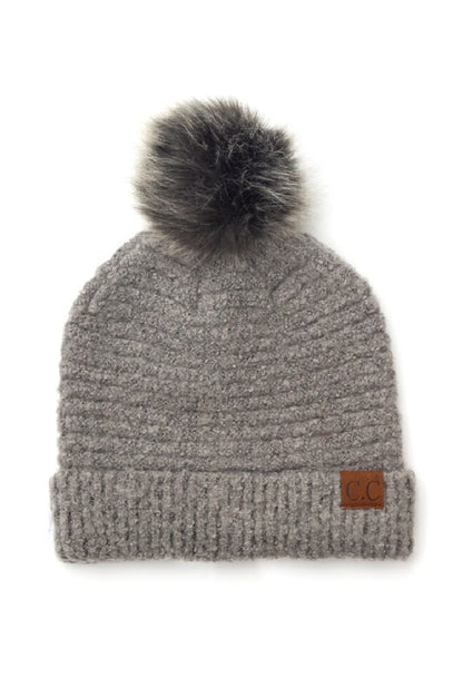 Shophouse Northwest grey ribbed knit cuffed beanie with dark faux pom and leather patch ultra soft fur pom beanie