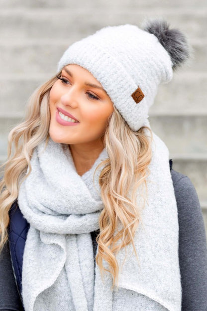 Shophouse Northwest ultra soft fur pom beanie white knit hat with gray pom and matching scarf