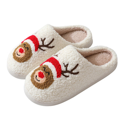 Cozy Christmas cartoon slippers featuring a reindeer design for festive comfort at home