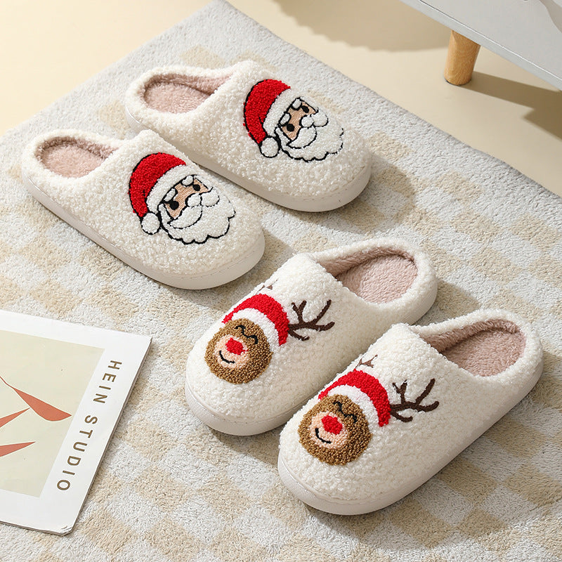 Christmas cartoon slippers featuring Santa Claus and reindeer designs for festive comfort