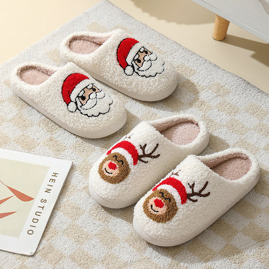 Christmas cartoon slippers featuring Santa Claus and reindeer designs for festive comfort